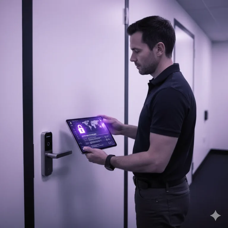 Man using a tablet to interact with a smart door lock in a modern hallway.
