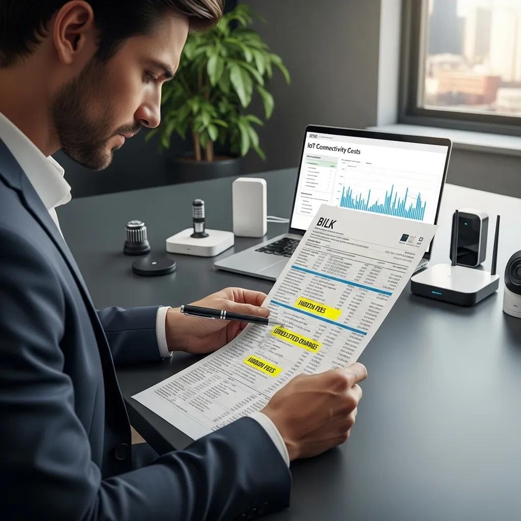 Business professional analyzing hidden fees in IoT connectivity pricing