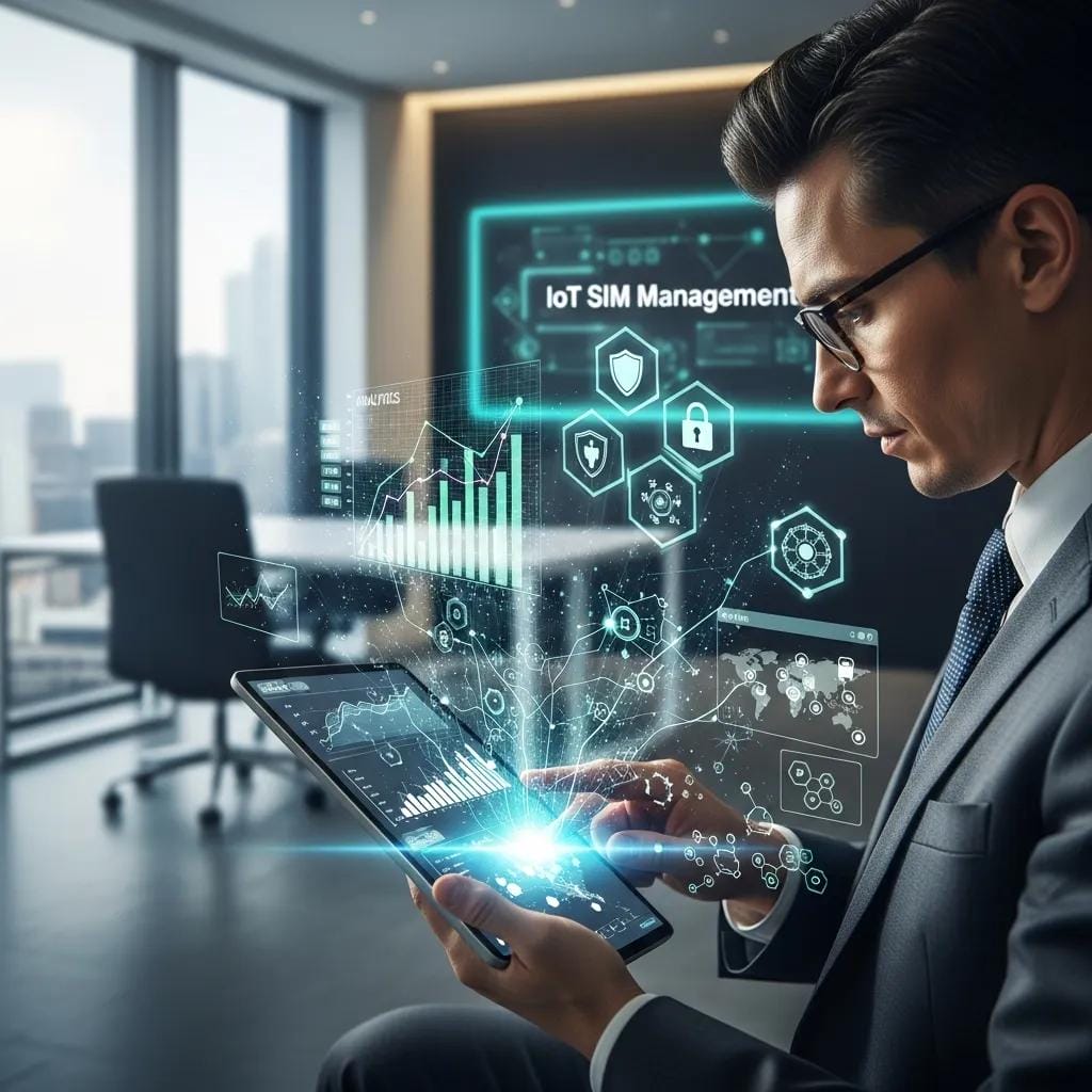 Business professional analyzing IoT SIM management features in a modern office