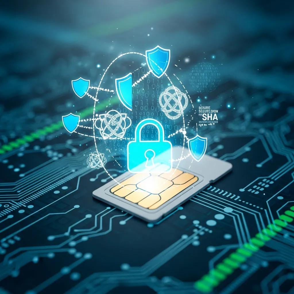 Close-up of an IoT SIM card surrounded by digital security symbols