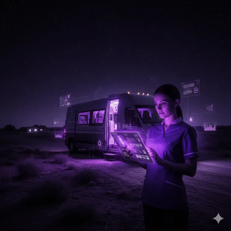 A woman in a purple uniform using a tablet near a van at night.