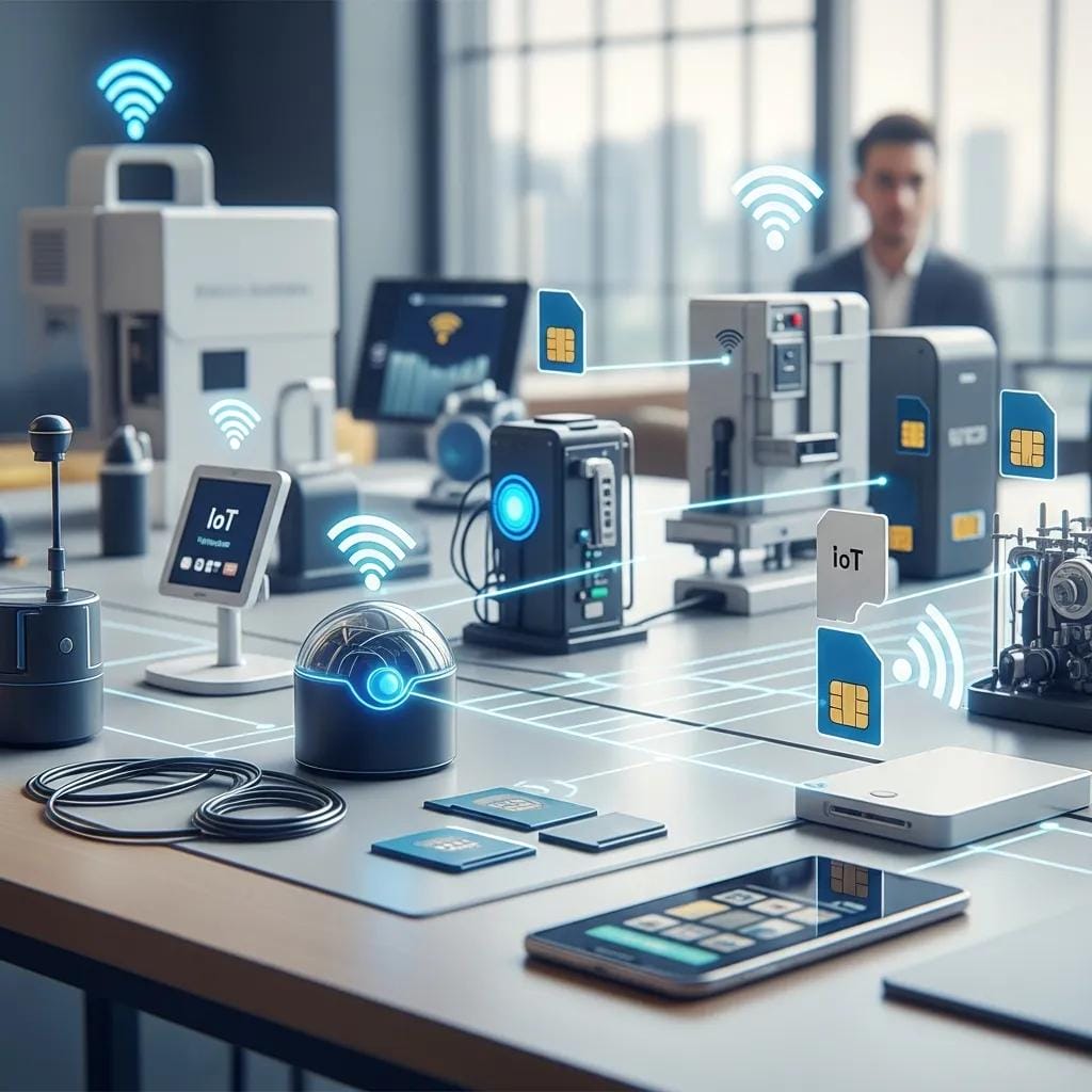 Diverse IoT devices connected through SIM cards in a modern business setting