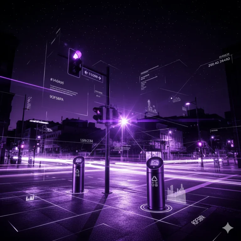 Purple-lit smart city street with data overlays, traffic lights and smart bins.
