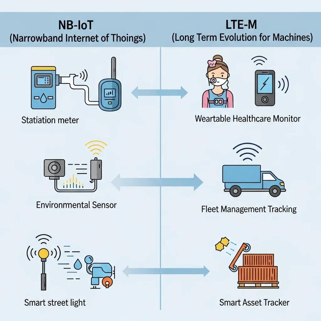 Illustration comparing NB-IoT and LTE-M technologies, highlighting stationary and mobile device applications