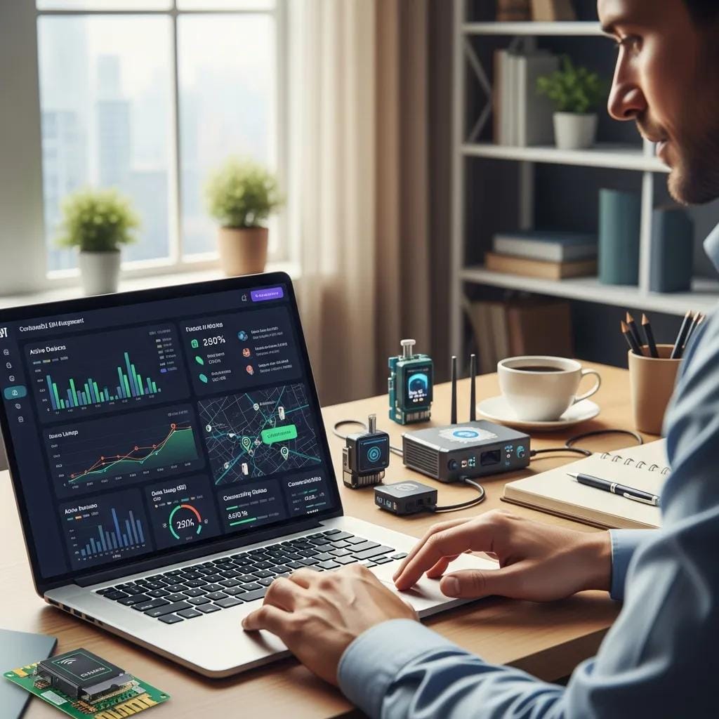 User managing IoT SIMs on a laptop with a dashboard displaying metrics