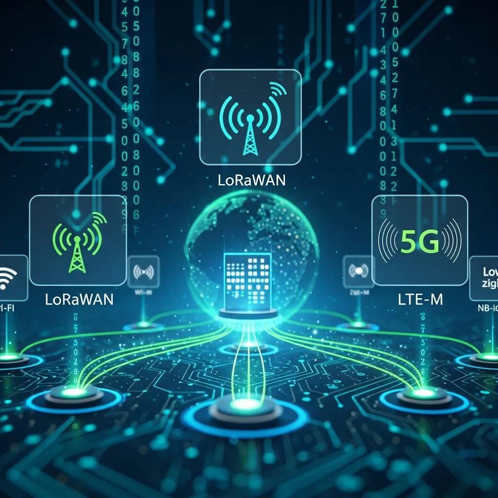Visual representation of IoT communication protocols including LoRaWAN, LTE-M, and 5G