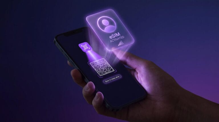 An eSIM chip soldered to an IoT circuit board next to a removable SIM card