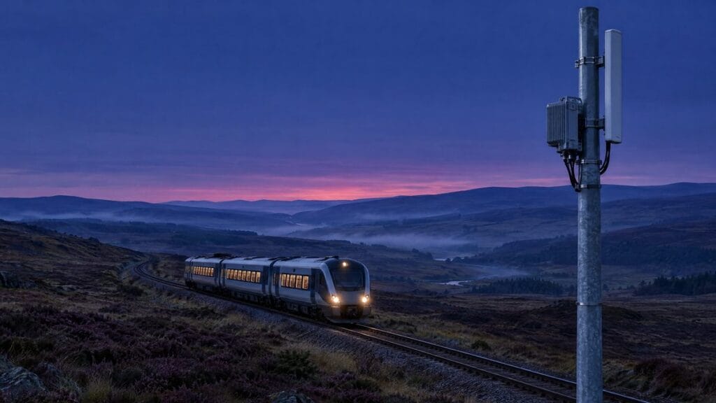 Train on a rural moorland line passing a trackside mast