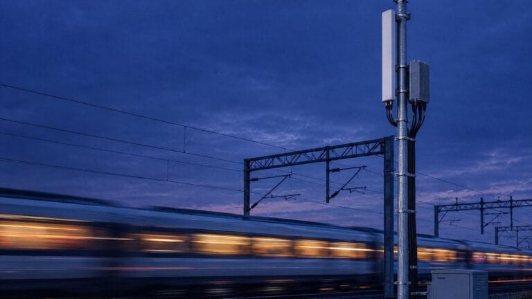Private 5G radio mast and cabinet beside a railway line